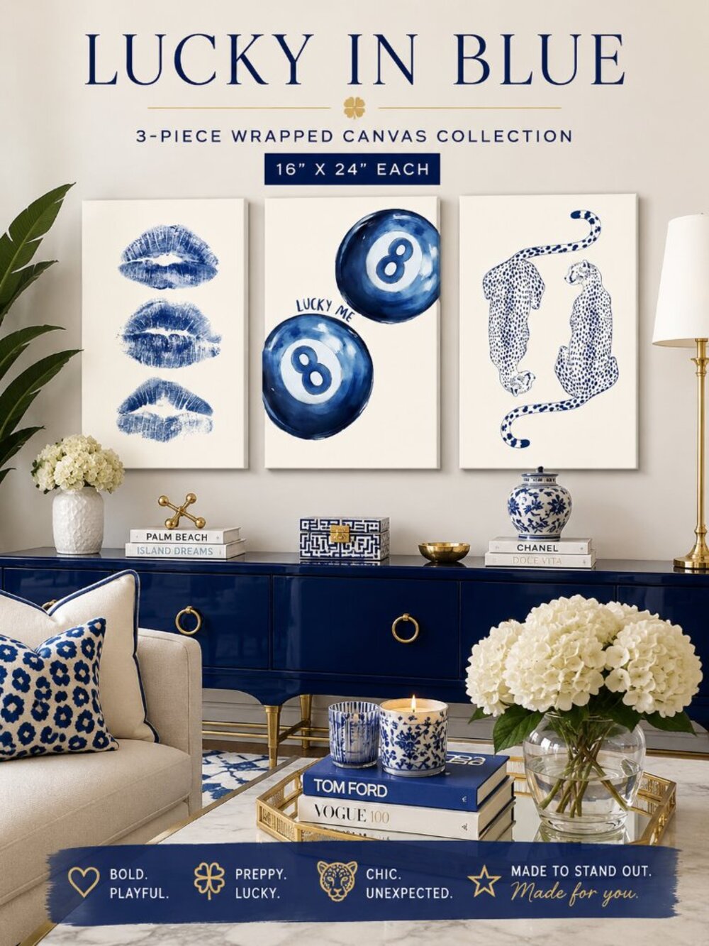 Set of 3 Blue Canvas Wall Art 16x24 Lucky 8 Ball Lips Leopard Prints